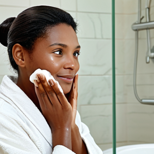 Home 18 Cream Cleanser Focus**
"A woman with healthy-looking skin is gently massaging a rich cream cleanser onto her face in a well-lit bathroom. She is fully clothed in a comfortable robe. The background features soft, natural light and elegant bathroom fixtures. Focus on the creamy texture of the cleanser and the serene expression on her face. Safe for work, appropriate content, fully clothed, professional skincare advertisement, perfect anatomy, natural proportions, high quality."
**