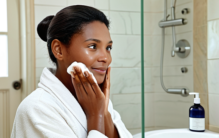 Cream Cleanser Focus**
"A woman with healthy-looking skin is gently massaging a rich cream cleanser onto her face in a well-lit bathroom. She is fully clothed in a comfortable robe. The background features soft, natural light and elegant bathroom fixtures. Focus on the creamy texture of the cleanser and the serene expression on her face. Safe for work, appropriate content, fully clothed, professional skincare advertisement, perfect anatomy, natural proportions, high quality."
**