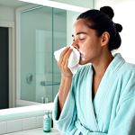 Woman Cleansing Face**

"A woman gently cleanses her face with micellar water and a cotton pad in a brightly lit bathroom. She is fully clothed in a comfortable robe. The scene emphasizes skincare and self-care. Safe for work, appropriate content, modest, professional, perfect anatomy, natural pose."

**