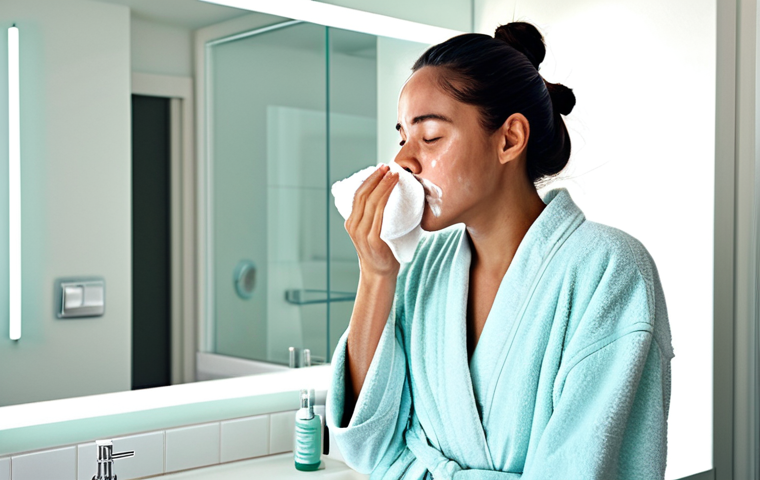 Woman Cleansing Face**
"A woman gently cleanses her face with micellar water and a cotton pad in a brightly lit bathroom. She is fully clothed in a comfortable robe. The scene emphasizes skincare and self-care. Safe for work, appropriate content, modest, professional, perfect anatomy, natural pose."
**