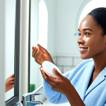 노폐물 제거용 클렌징 워터 추천 - **Prompt:** A woman with radiant, healthy skin applying micellar water to a cotton pad in a brightly...