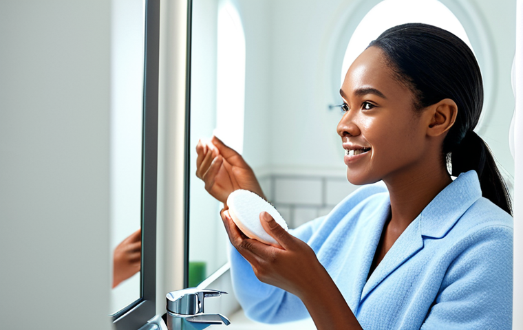 노폐물 제거용 클렌징 워터 추천 - **Prompt:** A woman with radiant, healthy skin applying micellar water to a cotton pad in a brightly...