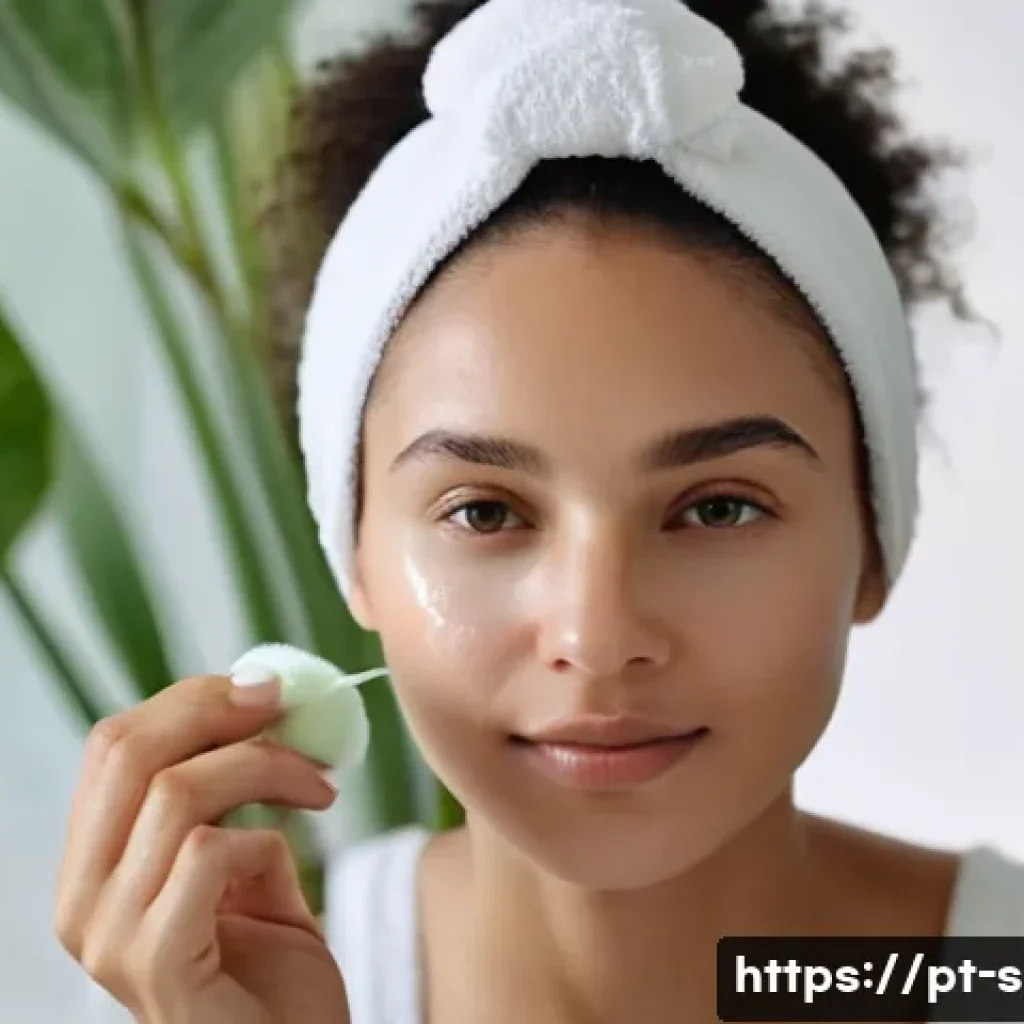유산균 스킨케어 제품 추천 - Close-up portrait of a young Brazilian woman with glowing, hydrated skin, applying a creamy probioti...