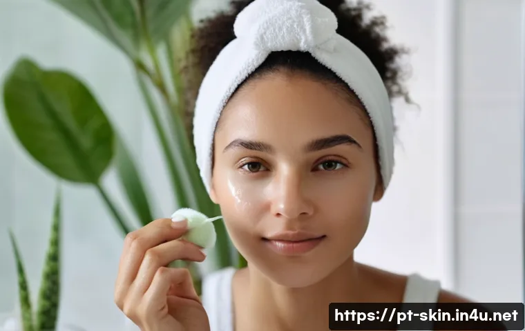 유산균 스킨케어 제품 추천 - Close-up portrait of a young Brazilian woman with glowing, hydrated skin, applying a creamy probioti...