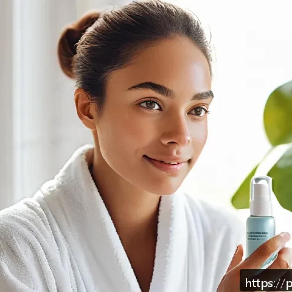 스킨케어 루틴  낮과 밤의 차이 - A bright and fresh morning skincare scene featuring a young adult woman with clear, glowing skin app...