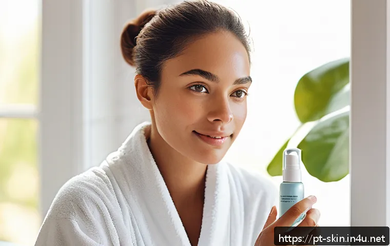 스킨케어 루틴  낮과 밤의 차이 - A bright and fresh morning skincare scene featuring a young adult woman with clear, glowing skin app...