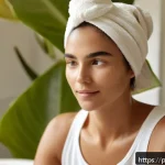 Home 20 건조 피부를 위한 클렌징 오일 추천 - A serene bathroom scene featuring a Brazilian woman with dry skin gently massaging jojoba and avocad...