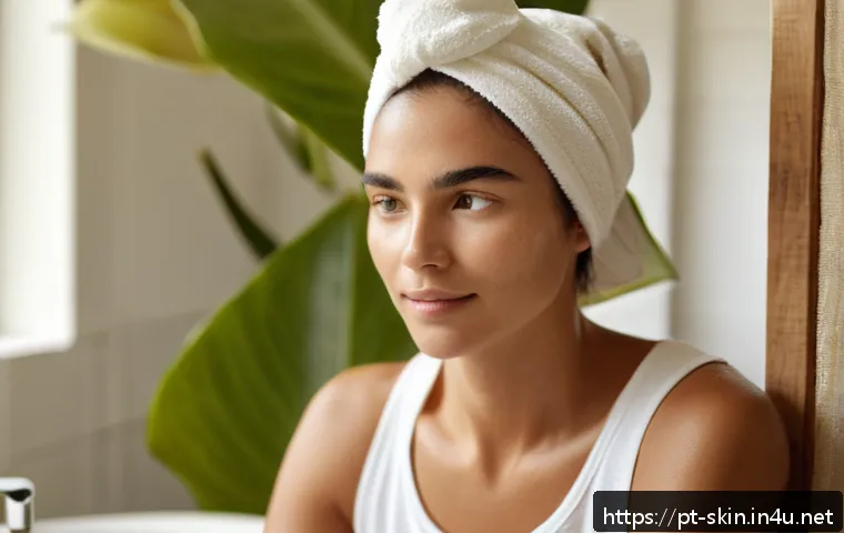 건조 피부를 위한 클렌징 오일 추천 - A serene bathroom scene featuring a Brazilian woman with dry skin gently massaging jojoba and avocad...