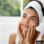 Home 19 사계절 사용 가능한 수분 세럼 - A close-up portrait of a young Brazilian woman with clear, glowing skin applying a lightweight, aque...
