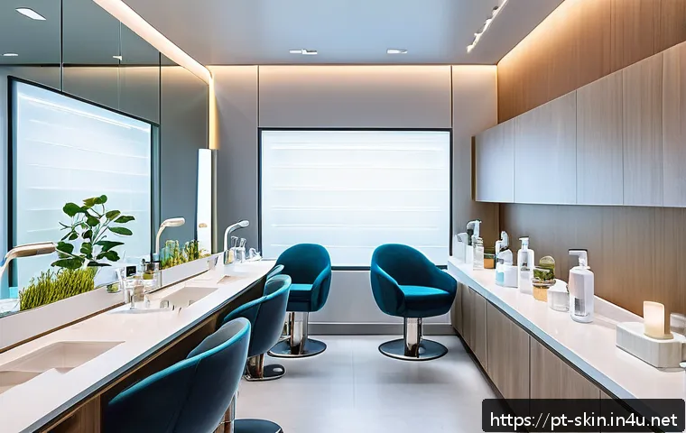 화학 필링과 물리적 필링 차이 - A modern skincare clinic scene featuring a diverse group of adult clients with different skin types ...