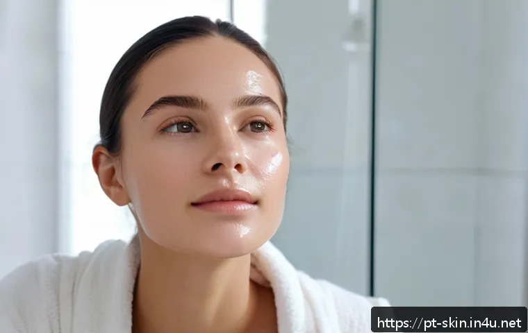 히알루론산 고함량 세럼 추천 - A close-up of a young woman with glowing, hydrated skin applying a lightweight hyaluronic acid serum...